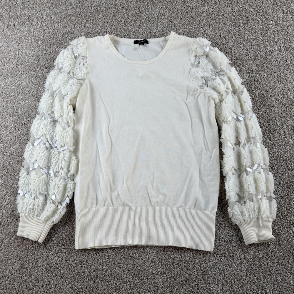 Alfani Sweater Womens Medium White Crew Neck Sequin Fringe Puff Sleeve Knit
